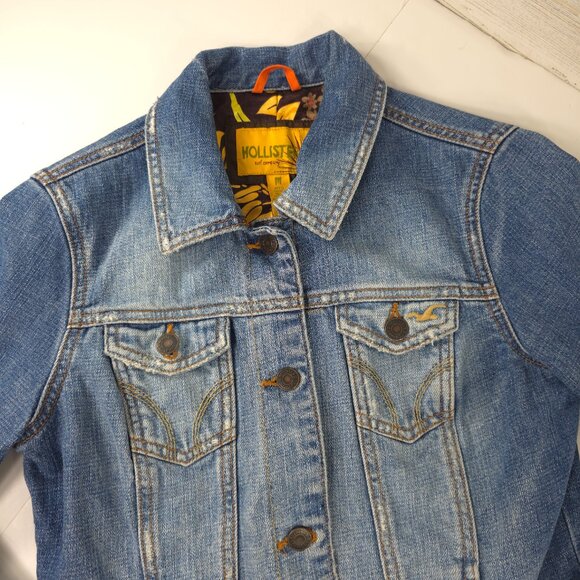 VINTAGE Y2K HOLLISTER BLUE DENIM JACKET WOMENS SIZE MEDIUM POCKETS FLORAL LINING - Picture 4 of 16